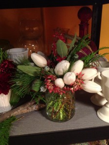 Tulips and Eucalyptus Pods make a fresh floral arrangement perfect for the Holidays. 